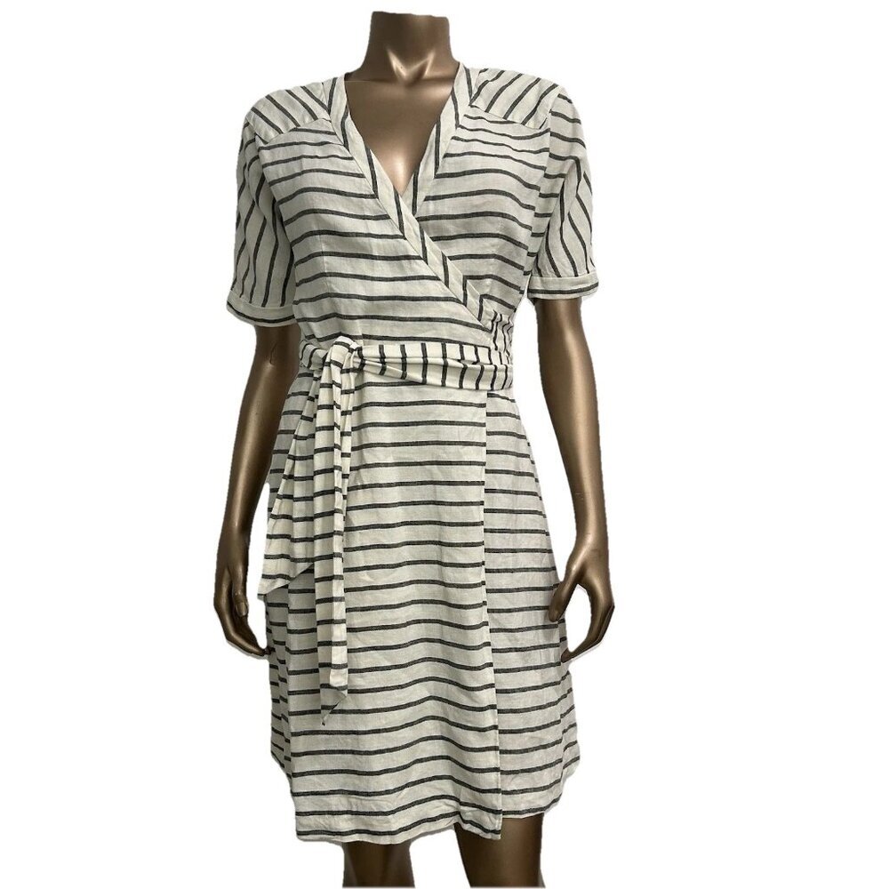 Rogan Beige Gray Striped Wrap Tie Dress 100% Linen Knee Length Size XS‎ Casual